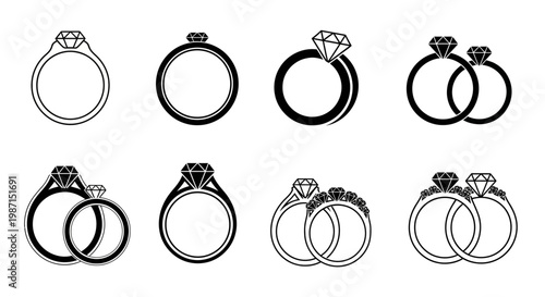 Collection of elegant diamond rings, featuring solitaire, engagement, and wedding bands, rendered in a clean, black and white vector graphic style
