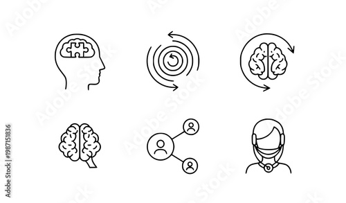 Psychology mind line icon set with human head puzzle focus spiral thinking and brain collaboration therapy vector
