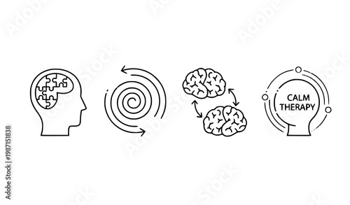 Psychology outline icons with brain puzzle focus spiral thinking and collaboration mind therapy concept vector set