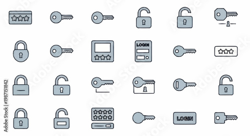 Collection of Security Icons Including Locks and Keys.
