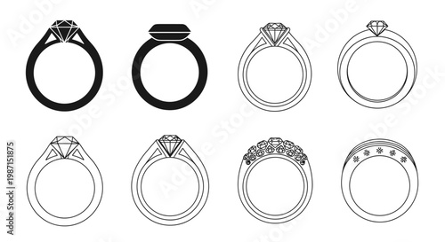 Collection of elegant diamond ring outlines, showcasing various designs from solitaire to band styles for engagement and wedding jewelry
