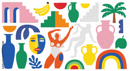 Colorful illustration of a dancer surrounded by various objects and vases in a vibrant scene with a rainbow.