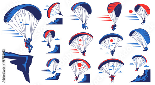 Paragliding sport icons set collection