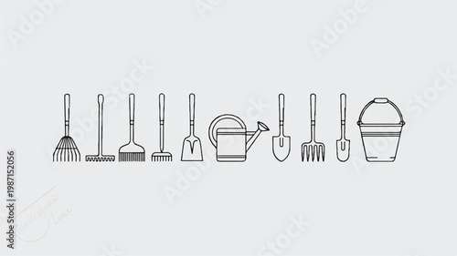 line drawing of various gardening tools and a bucket in a row on light gray