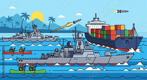 Naval fleet sailing on the ocean with cargo ship and kayaks.