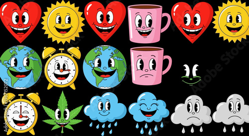 Smiling emojis of hearts, suns, earth, and clouds express various emotions on black