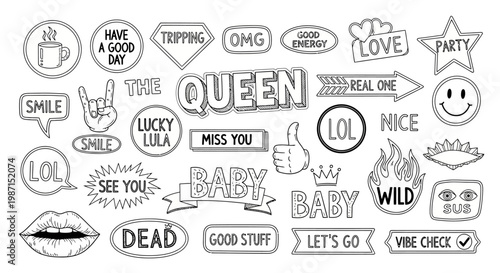 Funny stickers with words and emojis illustrate a lively party scene with queen