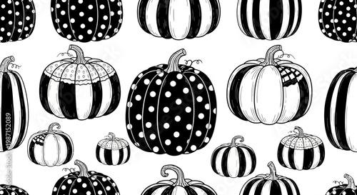 Black and white illustration of various decorated pumpkins on a white background