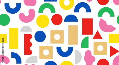 A vibrant digital illustration of various colorful shapes scattered across a plain surface