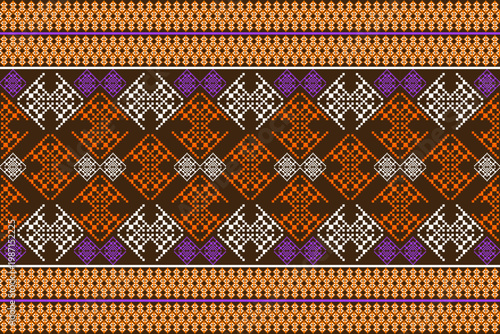 Traditional ethnic geometric pattern with orange, brown, white, and purple tones. Pixel-style woven design inspired by folk textiles, ideal for fabric prints, cultural crafts, or digital backgrounds.