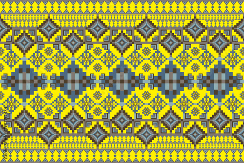 Colorful geometric pattern in blue, brown, and yellow tones. Inspired by traditional ethnic textile motifs with a modern pixel art style, ideal for fabric, wallpaper, or digital background design.