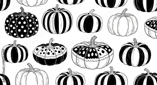 Illustration of various decorated pumpkins in a pattern on white