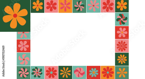 A colorful illustration of a decorative frame with flowers and patterns on a white background.