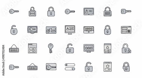 Collection of security and access icons for digital and physical security.