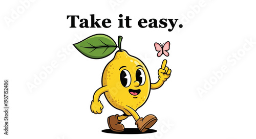 A cheerful cartoon lemon character walks happily with a butterfly