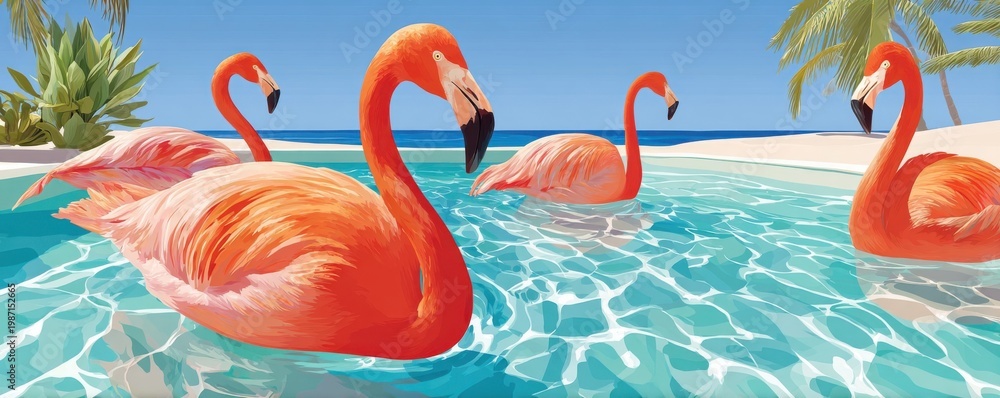 Four pink flamingos floating in a tropical pool near a sunny beach resort