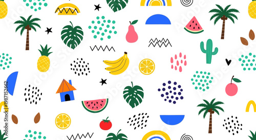 Vibrant tropical pattern featuring various fruits and icons on white background