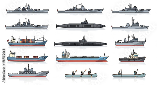 Collection of Various Naval Vessels and Ships.