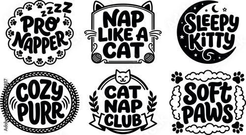 Black and white cat nap sayings with paw prints and moon vector art