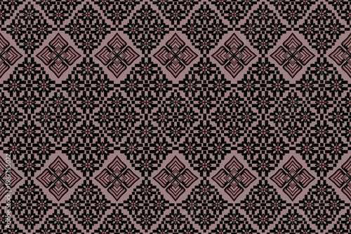 Elegant geometric pattern in black and mauve tones featuring floral and diamond motifs. Traditional textile-inspired design perfect for fabric, wallpaper, or decorative backgrounds.