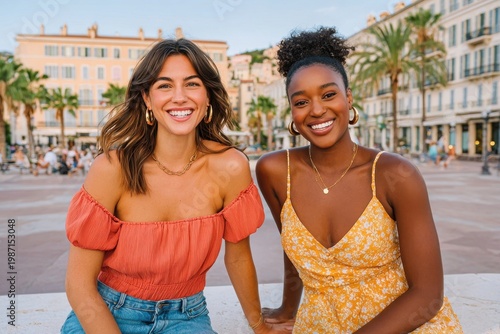 Two friends smiling together in a sunny city square wearing summer dresses and casual jewelry