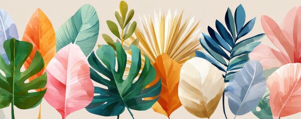 Watercolor tropical leaves border on beige background with colorful botanical foliage for summer design
