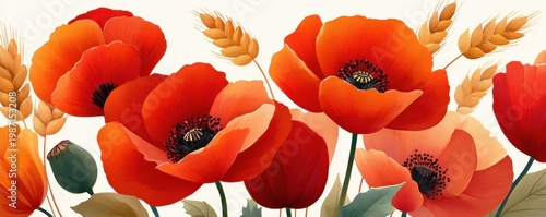Watercolor red poppies and golden wheat bouquet on white background, floral painting for decor