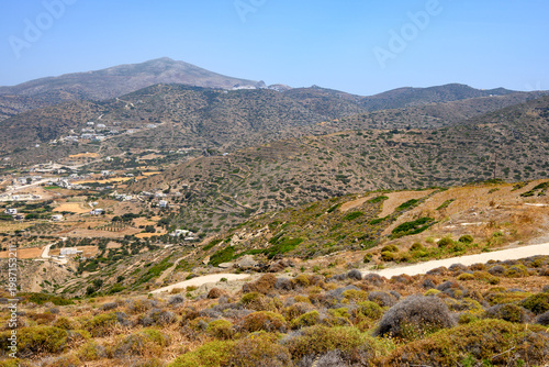 Hills of Amorgos Island next to Ancient Minoa, above the port of Katapola. Amorgos Island, Cyclades, Greece