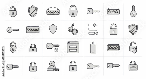 Collection of Security Icons Including Locks Keys and Shields.