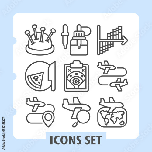 Needles, pizza slice, airplane route minimalist icons set depicting royalty, sewing, travel and aviation items in outline style for apps and print on white background. Set of nine line icons.