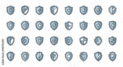 Collection of various shield icons for security and protection concepts.