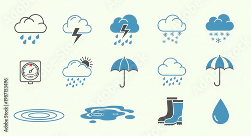 Weather Icons Collection Representing Rain and Storms.