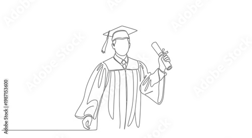 Continuous line art illustration of a graduate wearing a cap and gown holding a diploma scroll, symbolizing academic achievement and educational success