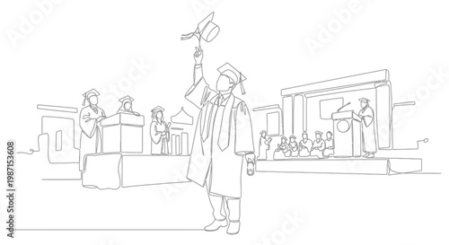 A Graduation Ceremony Illustration with a Graduate Tossing Their Cap in the Air with Enthusiasm and Joy