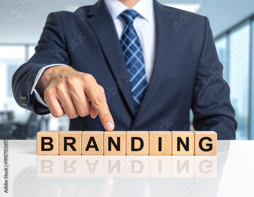 Branding - Geschäftsmann zeigt auf den Text 