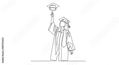 Continuous line art illustration of a graduating student throwing their cap in the air, celebrating academic achievement with joy and success, symbolizing new beginnings