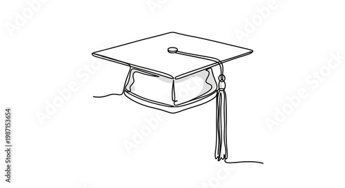 Continuous line art illustration of a graduation cap on white background, symbolizing academic achievement and scholarly pursuits