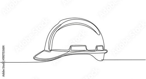 Single continuous line drawing of a construction hard hat, representing safety and industrial work, simplified illustration for design