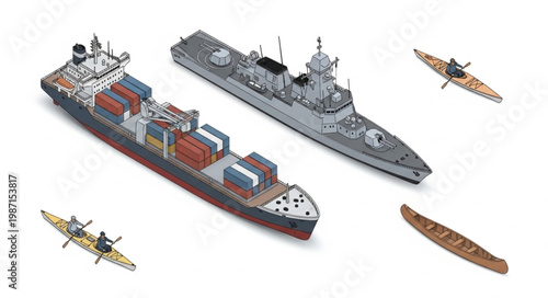 Container Ship and Military Vessel with Kayaks.