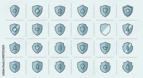 Collection of Shield Icons with Various Symbols Inside.