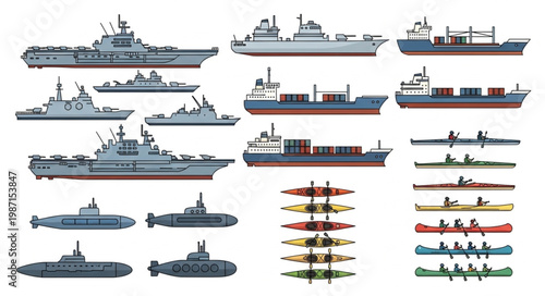 Collection of various types of ships and boats illustration.