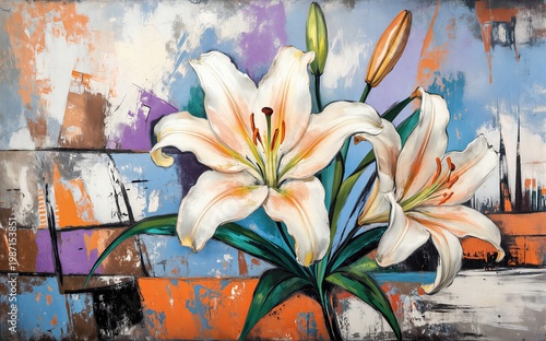 White lilies bloom vibrantly against a colorful abstract background.