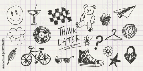 Think Later – spontaneous life doodle elements. Hand drawn sketch icons and symbols in casual notebook style. Playful everyday objects for stickers, prints, posters, journals, planners and social medi