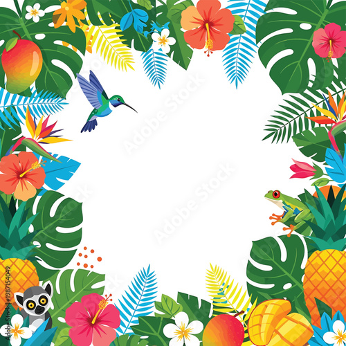 Colorful tropical jungle frame with flowers.