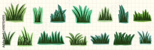 Vector cutout grass for scrapbook and collage, doodle graphic design elements for creative backgrounds