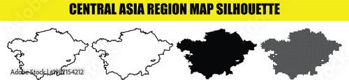 Central asia region map silhouette vector set with line solid and dotted styles on transparent background isolated.