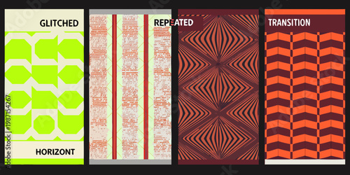 Four vertically arranged panels displaying abstract digital glitch art