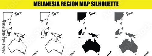 Melanesia region map silhouette vector set showing various island chains and continental borders for illustration.