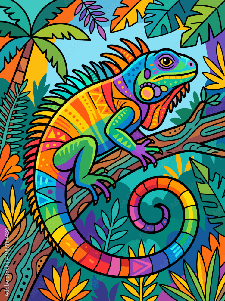 Obraz premium Vibrant illustration of a colorful iguana, calmly perched on a jungle branch, surrounded by lush tropical foliage and intricate patterns.