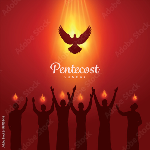Pentecost Sunday Vector Illustration with Flame and Holy Spirit Dove in Christians Religious Culture Holiday Background, Biblical Series.